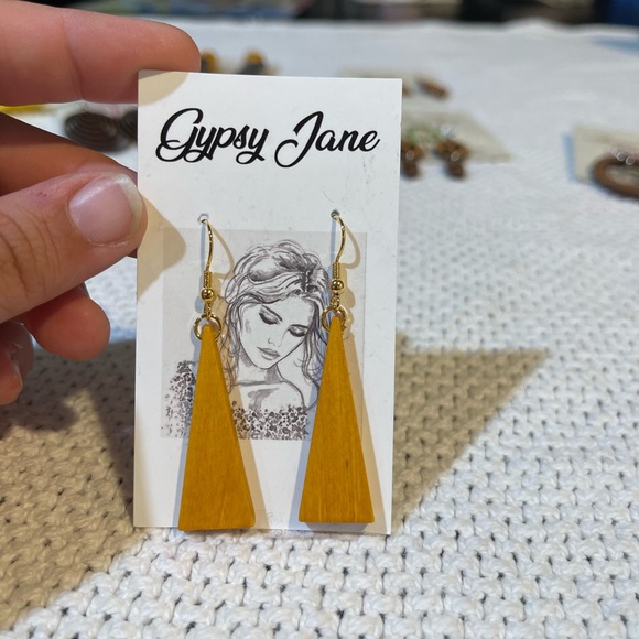 🐙Earrings ~Wooden Mustard Triangle NWT by Gypsy Jane - Picture 1 of 2